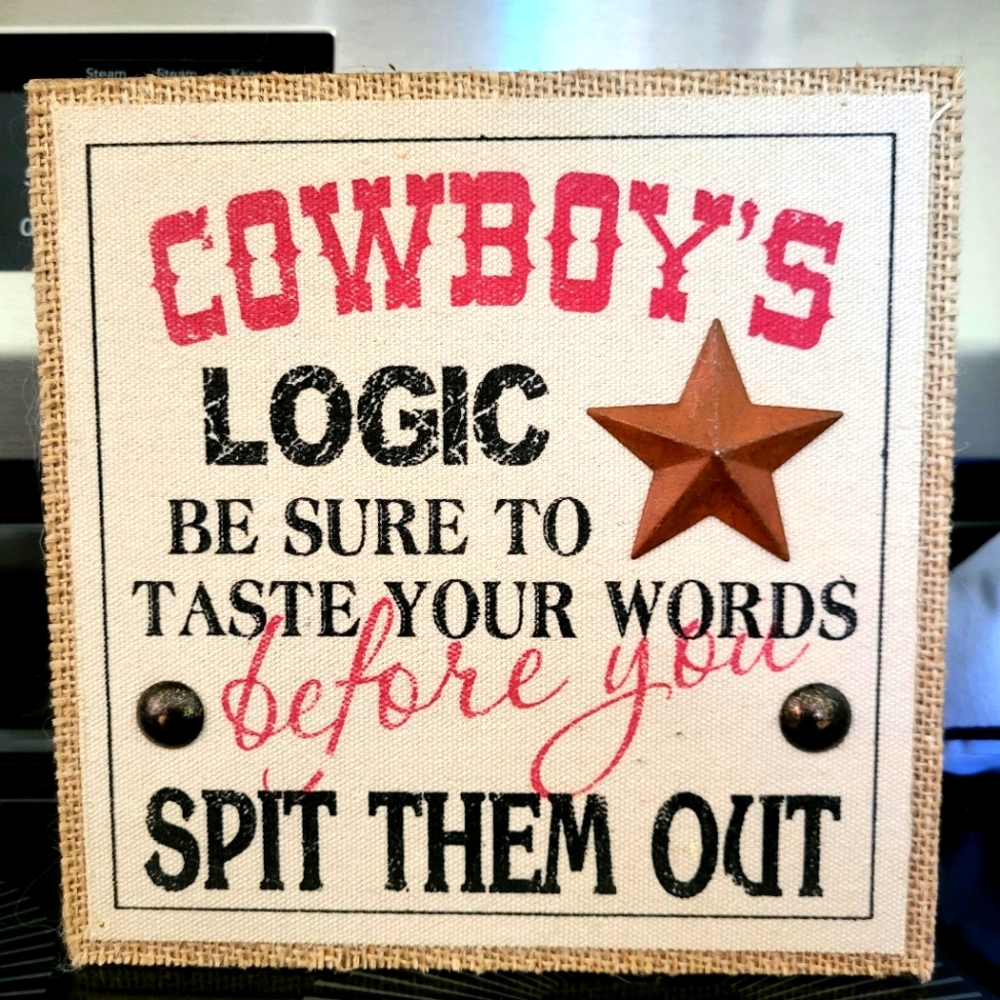 Cowboy's Logic Shelf Sitter with Star. Burlap Trim. 8"x 8"